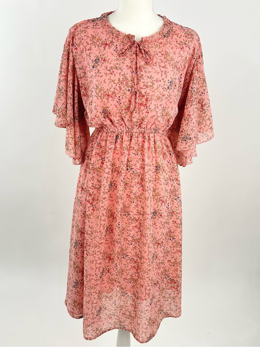 Charcoal 2XL Pink Floral Midi Dress Flutter Sleeve Tie Neck Boho Cottagecore